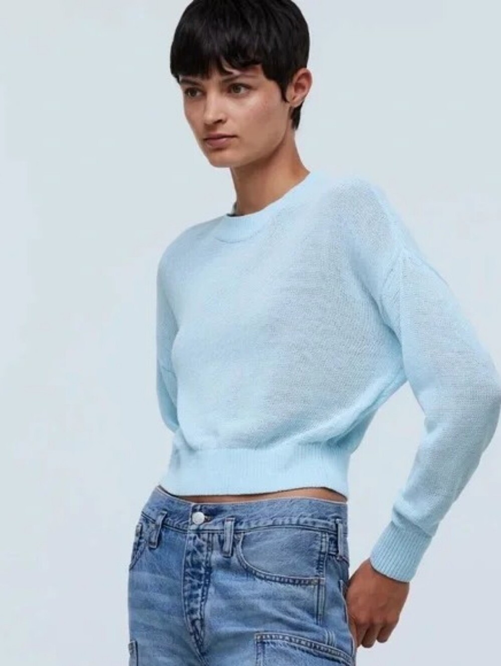 Madewell Cropped Cotton Knit Sweater Blue Crewneck Coastal Grandmother Small